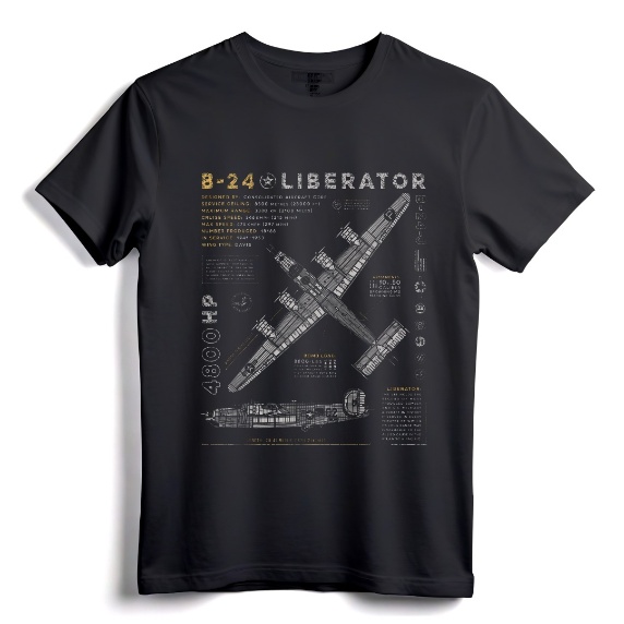 B-24 Liberator Vintage T-Shirt | WWII Aircraft Blueprint Design for Aviators, History Buffs, and Airshow Enthusiasts