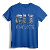 CLT Airport Code City of Charlotte NC Skyline Art Gift T-Shirt - Carolina Souvenir Tee for Charlotte Cityscape Lovers