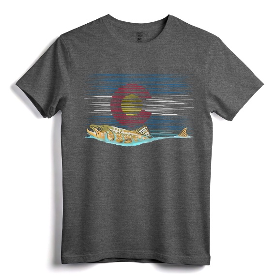 Vintage Brown Trout Colorado Flag Fly Fishing T-Shirt for Men - Distressed Colorado Flag Design, Perfect for Trout Fishermen